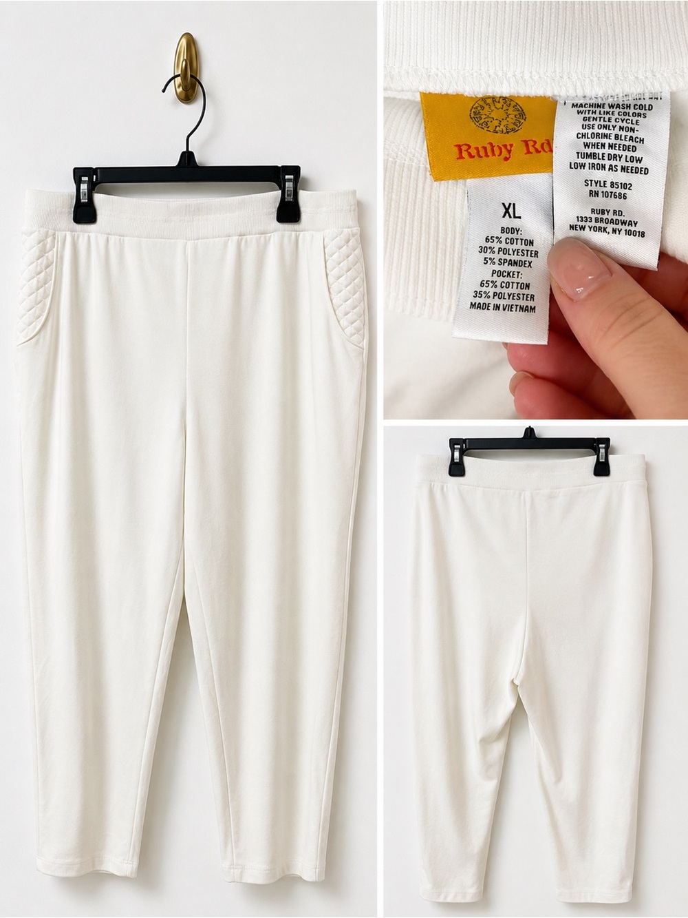 Ruby Rd. Cream Wide-Leg Knit Pants with Quilted Pocket Trim